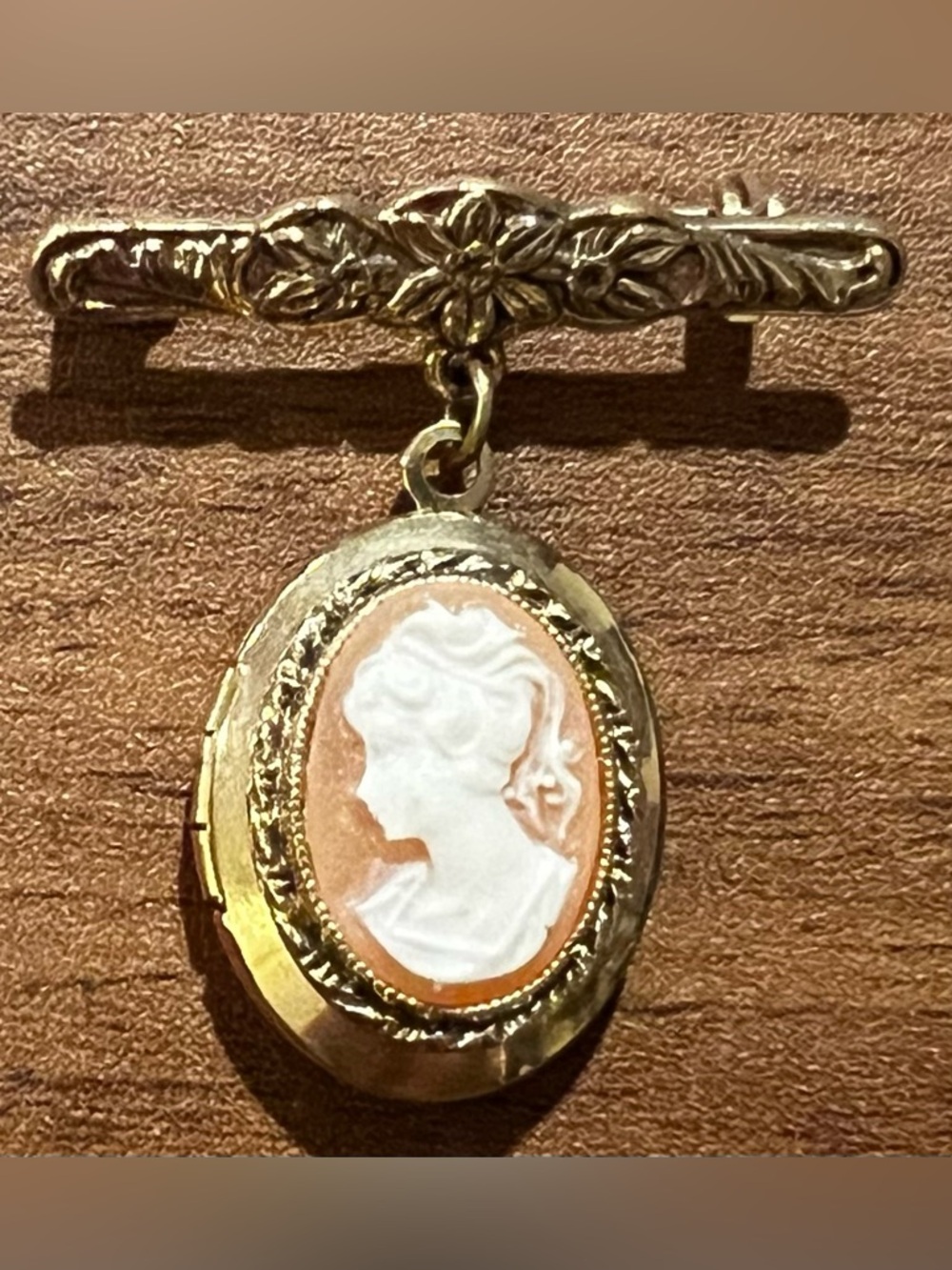 Vintage 1960s Cameo Locket Brooch Pin Gold Tone Floral Bar Dangle Lady Feminine